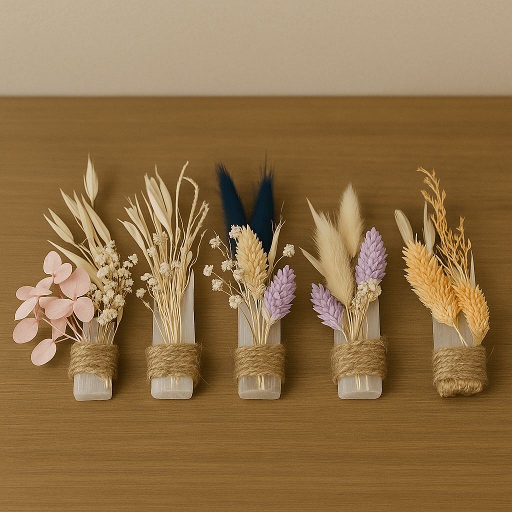 Selenite Rod with Dried Flowers 2" - Crystal Cleansing Wand